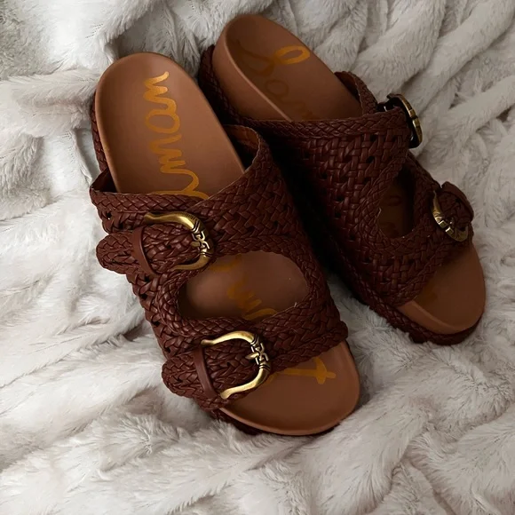 Sam Edelman, Reid, Cognac Woven Double Buckle Platform Sandals - Picture 4 of 9